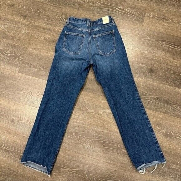 Zara Women’s Blue Straight Leg High Waisted Raw Hem Jeans Size 4 Dark Wash - Picture 3 of 14
